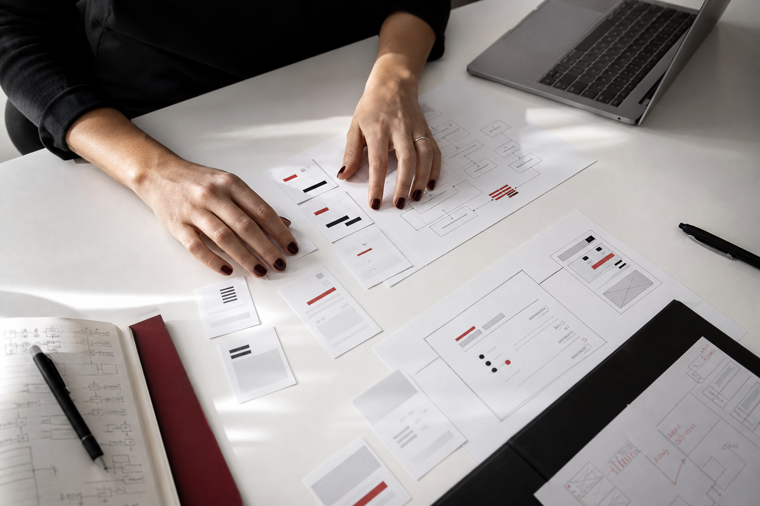 Mãos organizando cartões de conteúdo e wireframes para definir a arquitetura de informação de um site