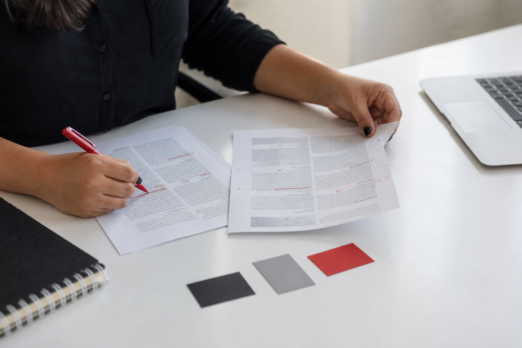 Profissional comparando versões de artigos para decidir entre atualizar ou criar uma nova página