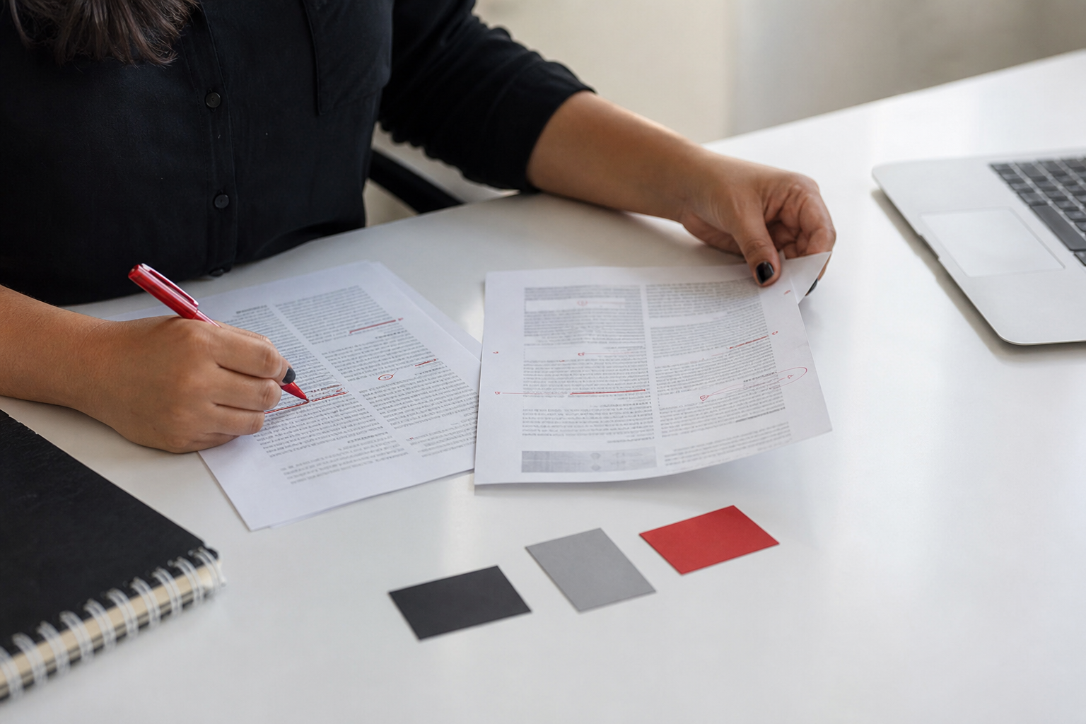 Profissional comparando versões de artigos para decidir entre atualizar ou criar uma nova página