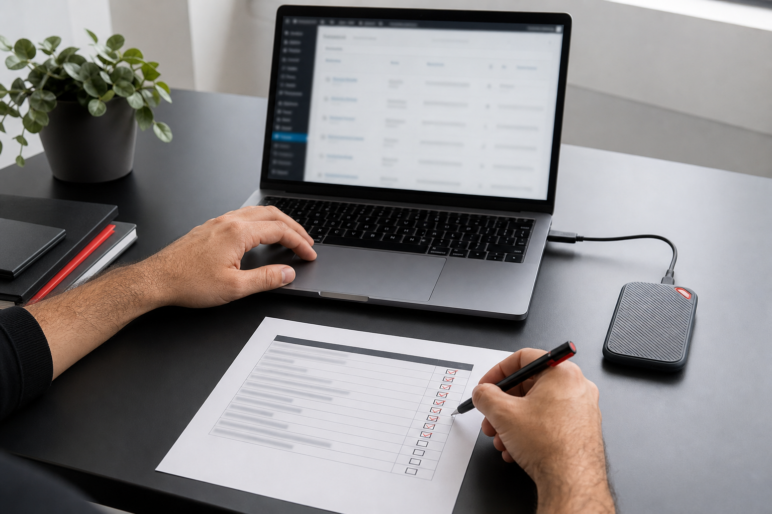 Profissional confere o painel do WordPress com checklist e unidade de backup