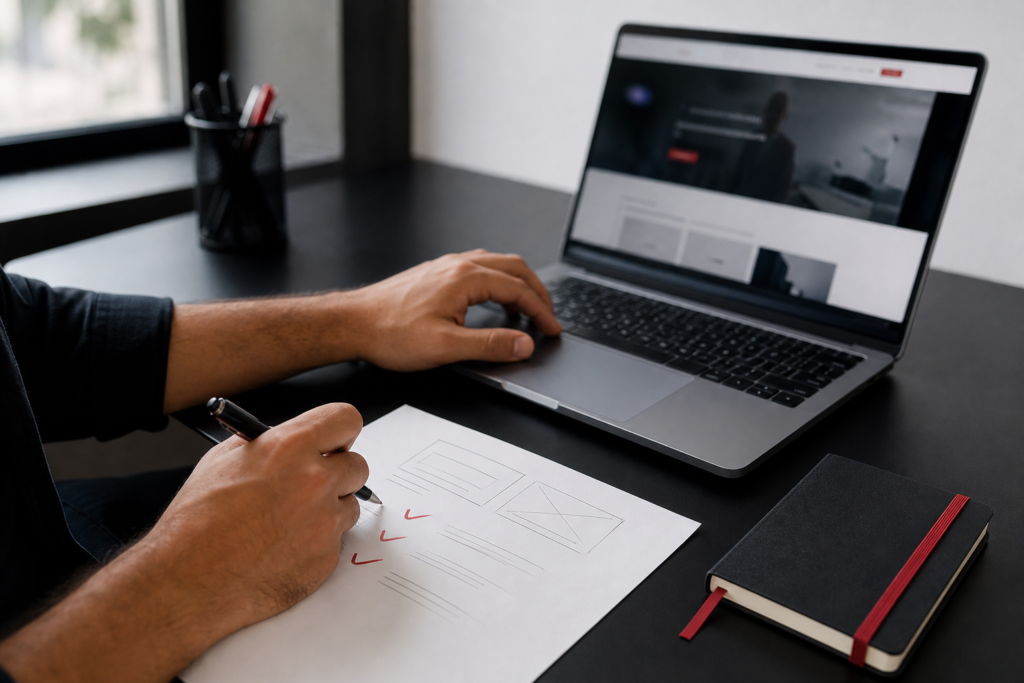 Profissional revisa um site no notebook e registra observações em uma folha
