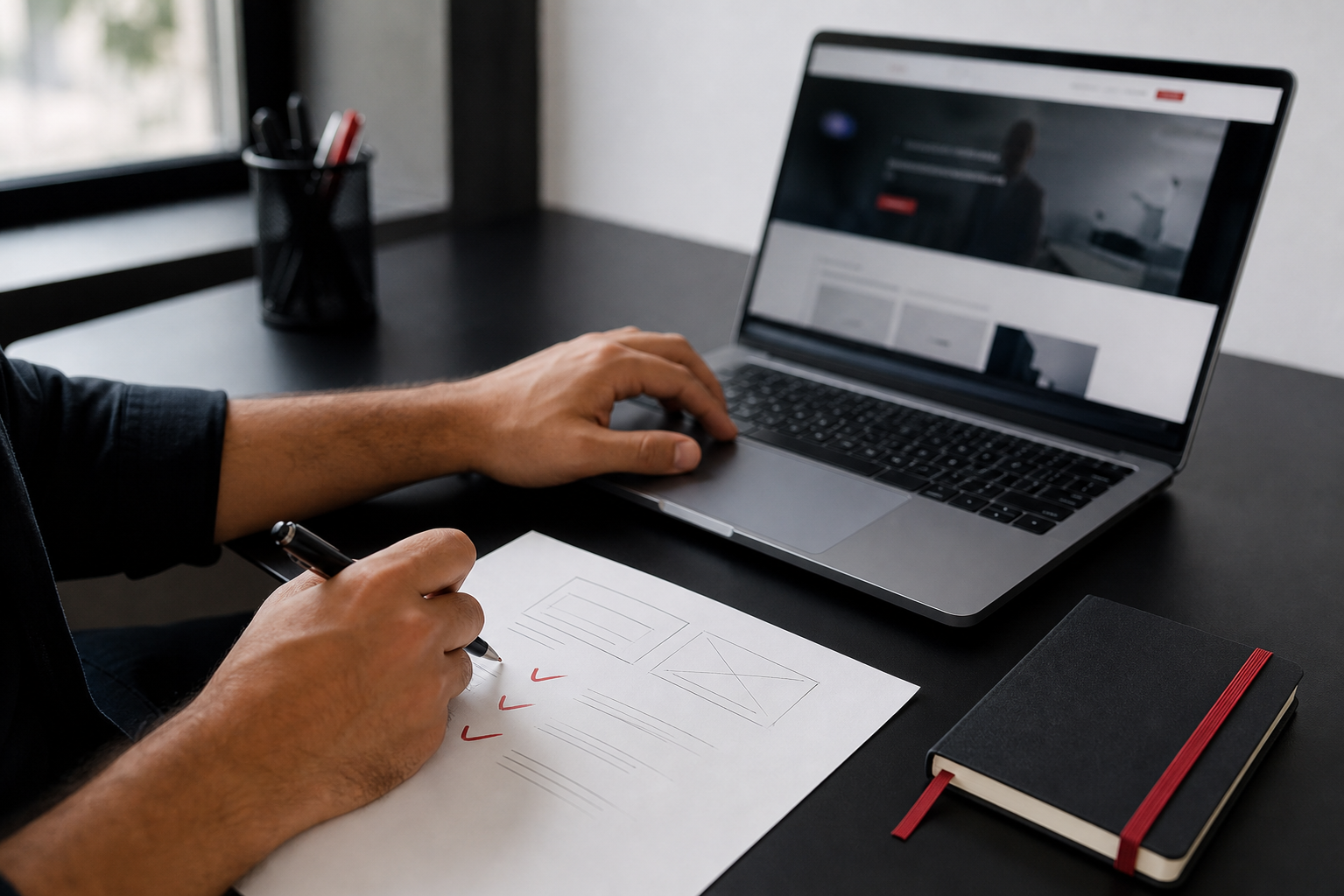 Profissional revisa um site no notebook e registra observações em uma folha