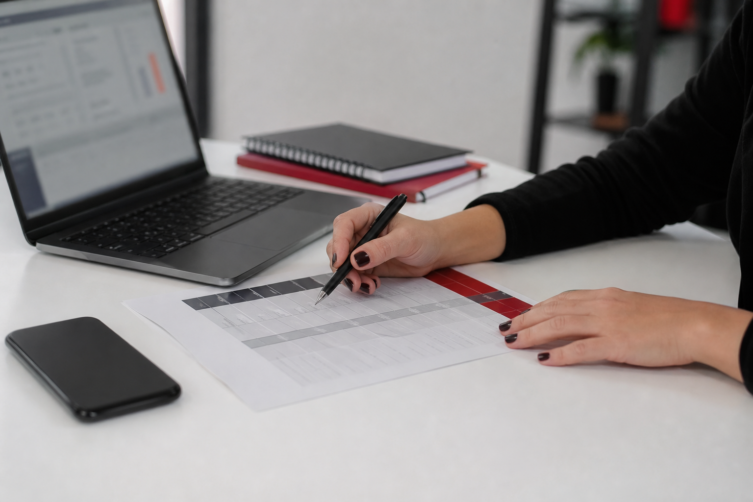 Profissional analisando etapas de leads, contatos e oportunidades em uma mesa de trabalho