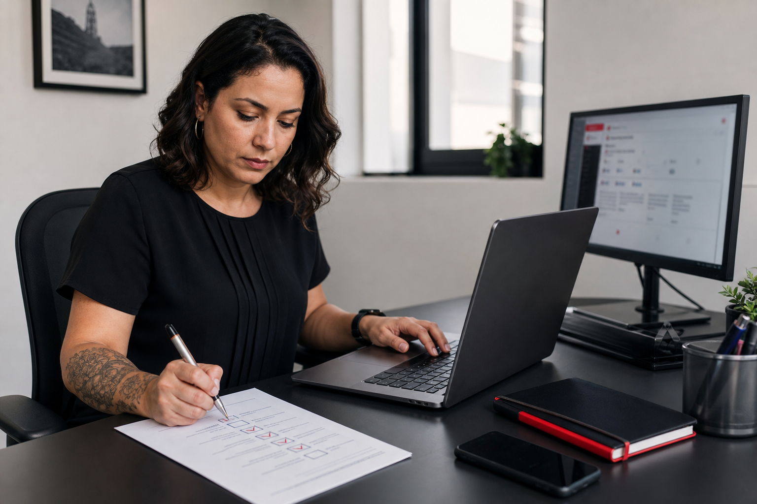 Profissional brasileira confere uma lista antes de atualizar um site WordPress