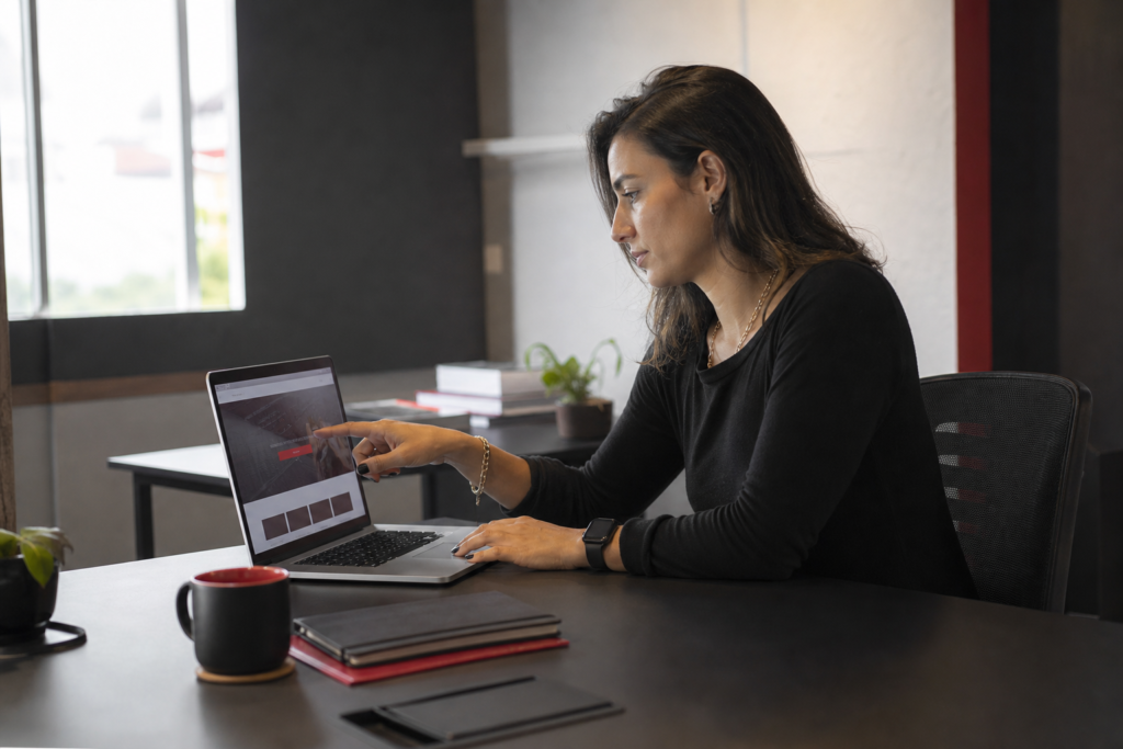 Profissional brasileira revisa a primeira tela de um site em um notebook