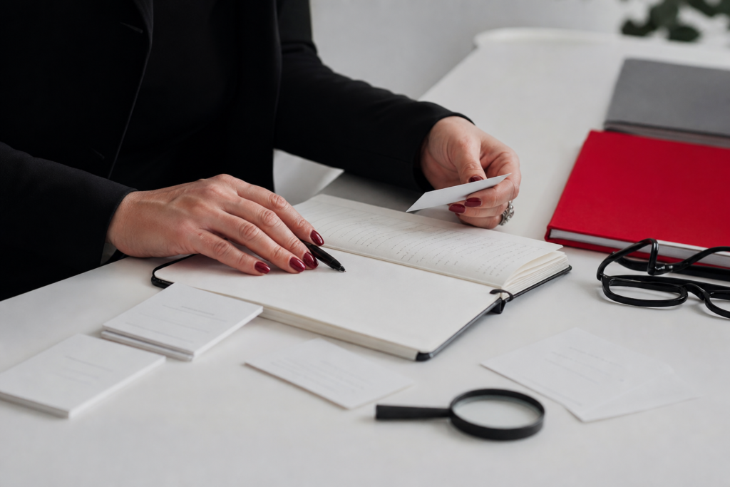 Profissional revisando documentos e autorizações para uso responsável de depoimentos